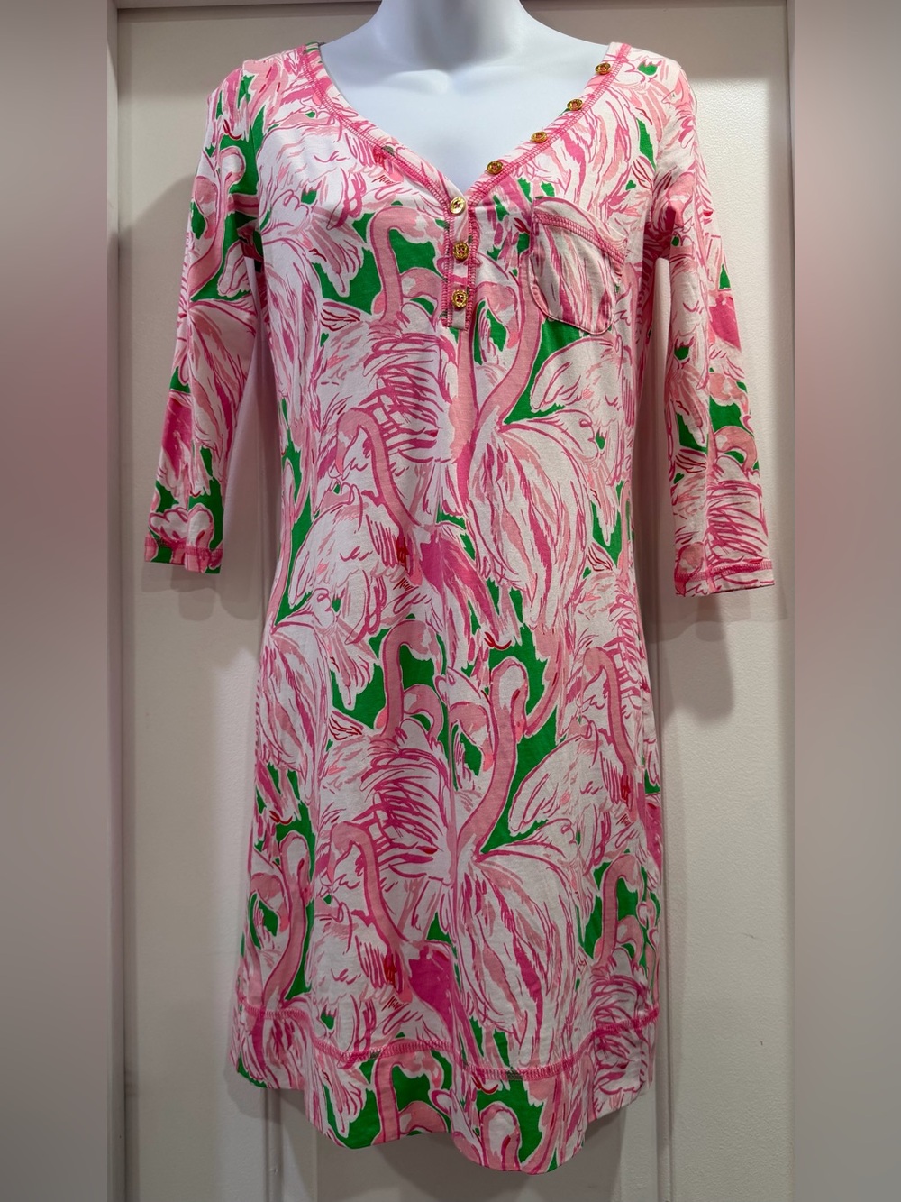 Lilly Pulitzer Palmetto 3/4 Sleeve Dress Pink Colony Flamingo 🦩 Size XS Cotton